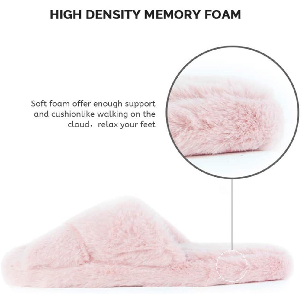 New Fuzzy Faux Fur Open Toe Crisscross House Slippers- Multiple Colors & Sizes - Picture 4 of 14